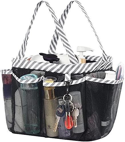 Mesh Shower Caddy Tote with Waterproof Inner Bag, Extra Large Black Portable Shower Caddy for College Dorm Bathroom Camp, 8 Basket Pocket