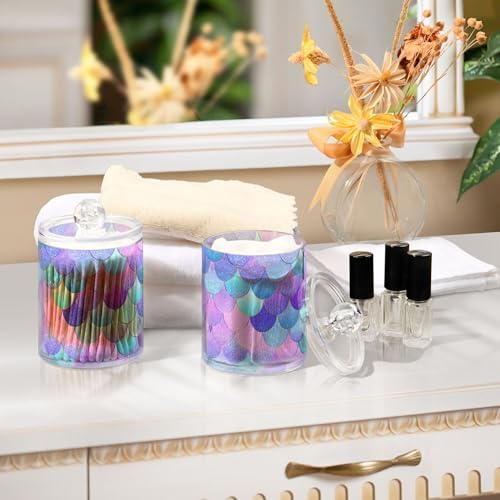 MNSRUU 2 Pack Qtip Holder Organizer Dispenser Pink Blue Mermaid Scales Bathroom Storage Canister Cotton Ball Holder Bathroom Containers for Cotton Swabs/Pads/Floss