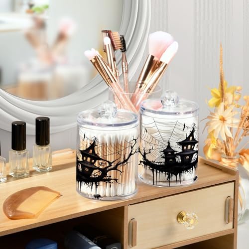 4 Pack Qtip Holder Dispenser with Lids, Halloween Spiderweb House Plastic Storage Containers, Bathroom Canisters Organizer for Cotton Ball, Swab, Round Pads, Floss 21214435
