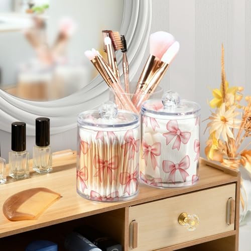 ALAZA 2 Pack Qtip Holder Cute Pink Bow-knot, Cotton Swab Dispenser with Lid Bathroom Containers Canister Organizer Storage Jar