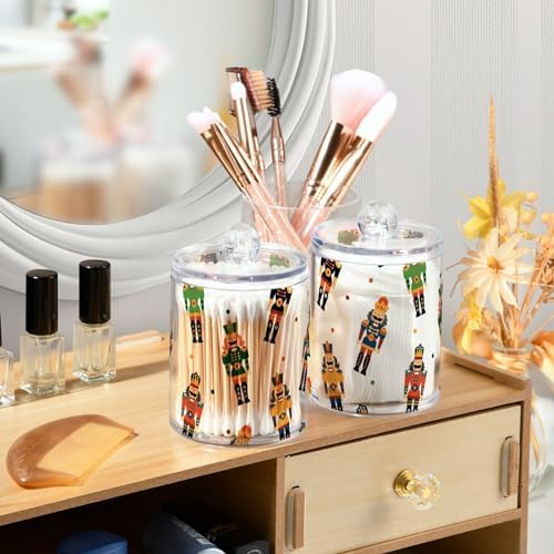 2 Pack Apothecary Jars Bathroom Christmas Nutcrackers Qtip Holder Dispenser Clear Plastic Storage Canister Jar with Lid for Cotton Ball, Cotton Swab