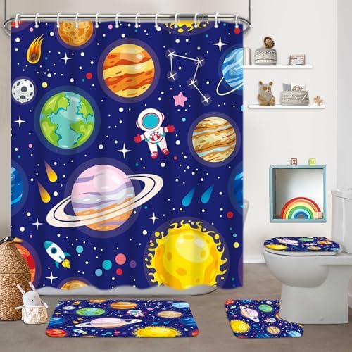 4 Pcs Kids Bathroom Set Cartoon Outer Space Shower Curtain Sets with Non-Slip Rugs Toilet Lid Cover and Bath Mat Set, Kids Boy Bathroom Decor with 12 Hooks