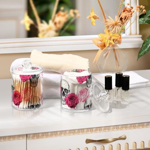 2 Pack Qtip Holder Dispenser Skull Rose Flower Bathroom Storage Canister Lid Acrylic Plastic Apothecary Jar Set Vanity Makeup Organizer for Cotton Swab/Ball/Round Pads, Floss