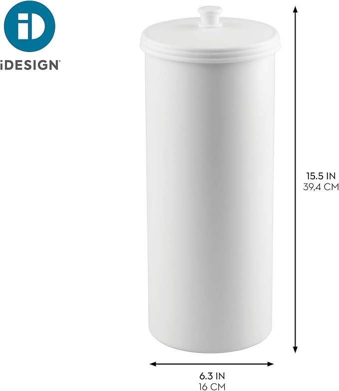 iDesign Freestanding Bathroom Toilet Paper Storage Holder, 2-Pack, White | With Lid, Holds 3 Extra Rolls