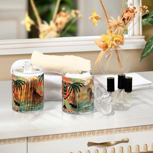 MNSRUU 2 Pack Qtip Holder Organizer Dispenser Cheetah and Forest Pink Bathroom Storage Canister Cotton Ball Holder Bathroom Containers for Cotton Swabs/Pads/Floss