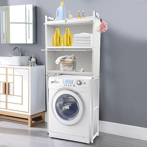 Bathroom Organizer, Over The Toilet Storage, Adjustable Shelves for Small Room, Saver Space, Freestanding Above Toilet with Toilet Paper Holder and Hooks (3 Layers-White)
