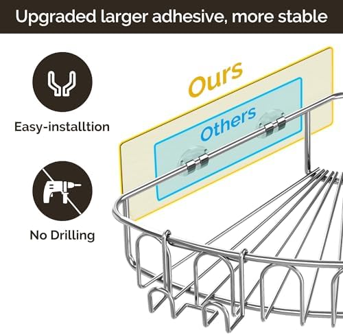 Orimade Corner Shower Caddy Stainless Steel with Hooks Wall Mounted Bathroom Shelf Storage Organizer Adhesive No Drilling 3 Pack, Silver Only for 90-Degree Corner