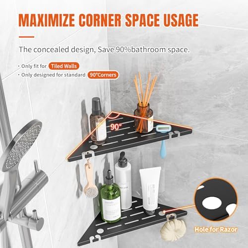 Corner Shower Shelves with Razor Hole & Hooks, Modern Sturdy Shower Shelves