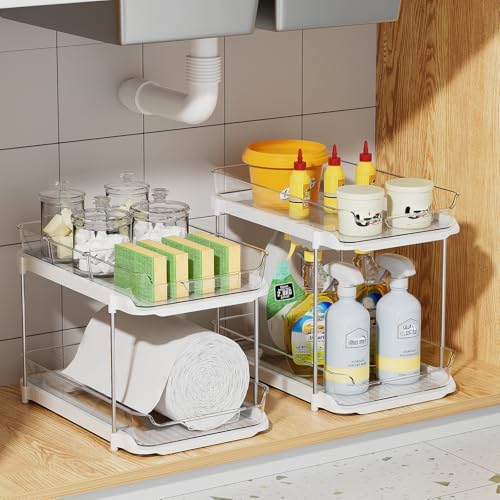 Delamu 3 Pack 2-Tier Bathroom Under Sink Organizers and Storage, Multi-Purpose Stackable Pantry Organization and Storage, Pull Out Clear Kitchen Bathroom Cabinet Organizer with Movable Dividers, White