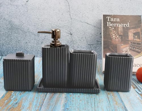 Hymmah Black Bathroom Accessories Set,Unique Design Bathroom Set 5 Pcs Resin Gift Set Apartment Necessities, Contain Cotton Swab Jar,Soap Dispenser,Soap Dish/Tray,Tumbler