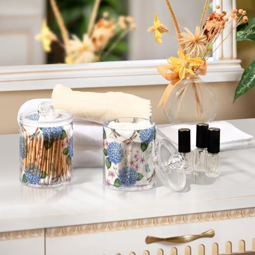 ALAZA Blue Hydrangea Flower Dragonfly Butterfly 4 Pack Qtip Holder Dispenser for Cotton Swabs, Balls, Pads, Floss 10 oz Plastic Canister Organizer