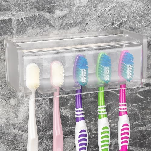 5 Slots Wall Mount Toothbrush Holder with Cover, Self Adhesive Toothbrush Storage Organizer for Shower, Toothbrush Hanger for Bathroom, Medicine Cabinet, Dorm (Frosted)
