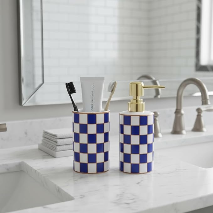 Bathroom Toothbrush Holder Set, Ceramic Checkered Soap Dispenser and Tooth Brush Holder Set, Modern Bathroom Accessories Sets Countertop, Black and White Checkered Bathroom Decor Set (Blue)