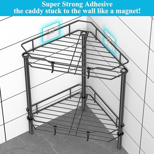 HuggieGems Metal Floor Standing Corner Shower Caddy, Black, 2 Tier