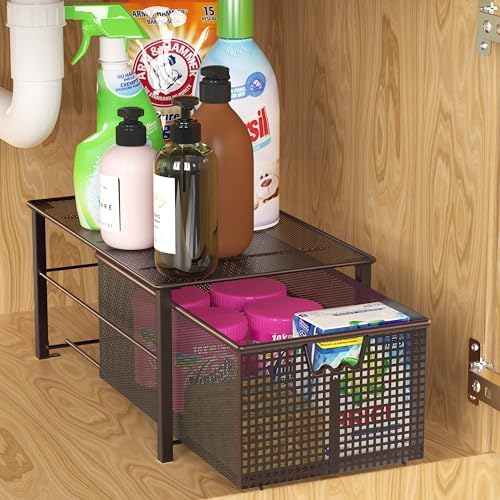 Deco Brothers Stackable Pull Out Cabinet Sliding Basket with Divider, Large