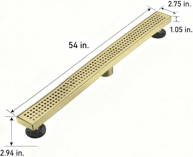 AVSIILE Linear Shower Floor Drain, Brushed Gold 54 Inch 304 Stainless Steel Bathroom Drains Kit, Long Rectangular Shower Trench Drain with Square Pattern Drain Cover & Hair Catcher