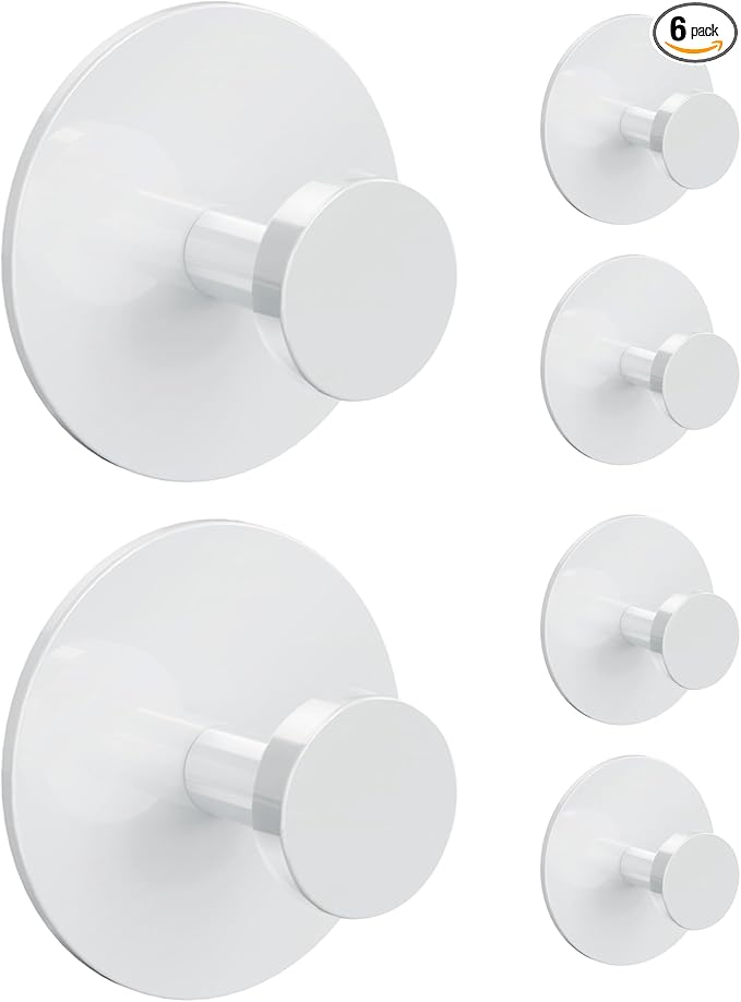 bussdis White Adhesive Wall Hook for Coat and Towel: Extra Sticky 12 LB (Max), Stainless Coat Rack Door Holder Hanger, 6-Pack Heavy Duty