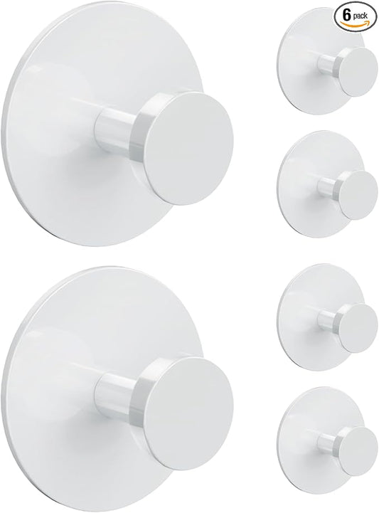 bussdis White Adhesive Wall Hook for Coat and Towel: Extra Sticky 12 LB (Max), Stainless Coat Rack Door Holder Hanger, 6-Pack Heavy Duty