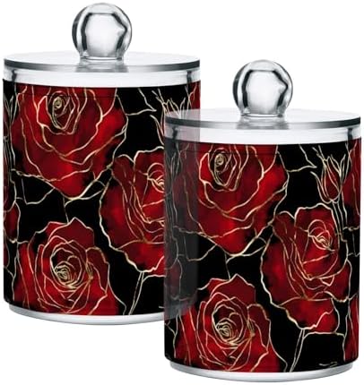 2 Pack Qtip Holder Organizer Dispenser Valentines Red Black Roses Bathroom Storage Canister Cotton Ball Holder Container for Cotton Pads/Swabs/Floss