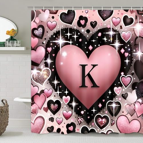 AZHM 4pcs Shower Curtain Set K Heart Print Bathroom Sets with Rugs 71*71 in