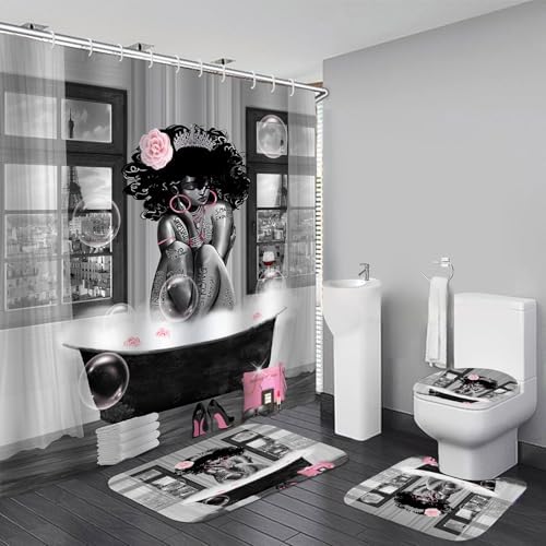 4Pcs African American Shower Curtain Sets with Rugs, Black, 71x71in