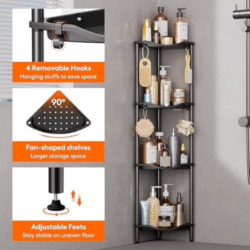 Lifewit 4 Tier Corner Shower Caddy with Hooks, Bathroom Organizer, Black