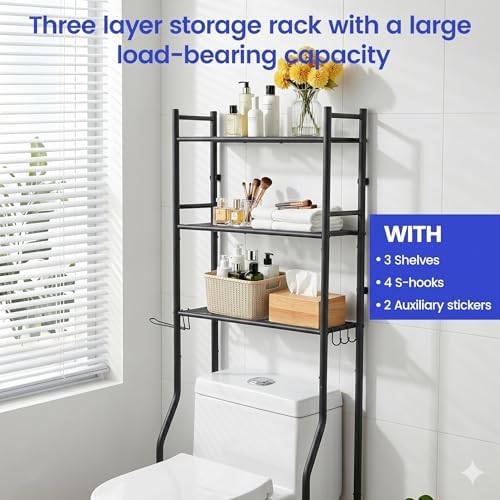 Premium 3-Tier Over The Toilet Storage, Heavy Duty Carbon Steel Bathroom Organizer Space Saver with Paper Holder & Hooks, Freestanding Renter-Friendly Shelves Rack Above Commode, Matte Black (63" H)
