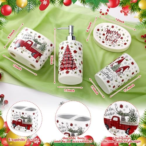 4 Pcs Christmas Ceramic Bathroom Accessories Gifts Xmas Bath Tumbler Xmas Tree Soap Dispenser Toothbrush Holder Soap Tray Merry Christmas Bathroom Decorations(Red and Black Plaid)