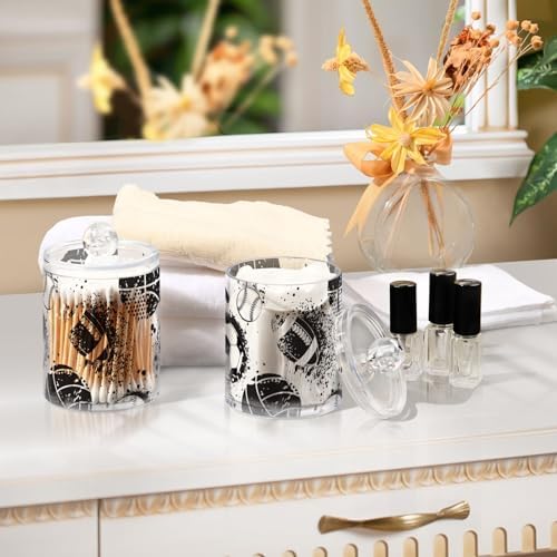 Football Soccer Themed Qtip Holder 2 Pack - 10 Oz Clear Plastic Apothecary Jar Set for Bathroom Organization - Versatile Canister Storage for Cotton Balls, Swabs, Rounds