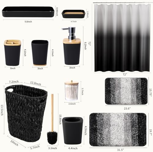 XLHOMO Black Bathroom Accessories Set with Wicker Trash Can Shower Curtain and Rugs,Bathroom Sets Small Waste Basket Bathroom Trash Can for Bedroom Bathroom