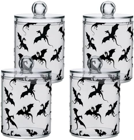 Gredecor 4 Pack Qtip Holder Clear Black Dragons Apothecary Jars with Lids Acrylic Bathroom Jars Vanity Countertop Canister Storage Organizer for Cotton Ball,Swabs,Pads,Floss