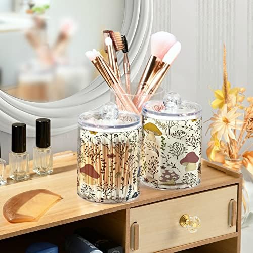 2 Pack Mushroom Qtip Holder Dispenser with Lid 14 oz Clear Plastic Apothecary Jar Set for Bathroom Vanity Organizers Storage Containers