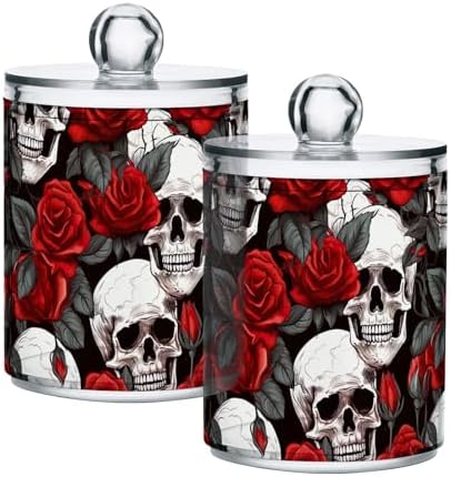 Elegant Skulls with Red Roses Flowers Clear Plastic Jars Set of 2, Apothecary Jars with Lids Bathroom Storage Organizer for Cotton Ball, Swab, Floss, Makeup Sponges, Hair Clip 10 Oz