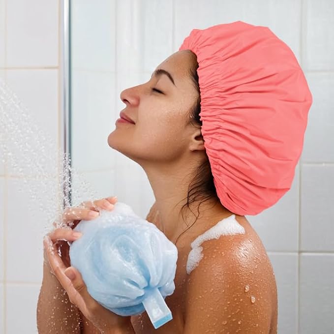 Edoneery Shower Caps for Women Reusable Waterproof, Shower Hair Cap | Washable Bonnet, Wide Elastic Band, Large Fit, Holds Long Hair, Braids Friendly, Bath Accessories, Spa, Travel