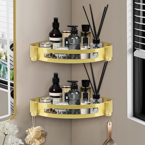 NearMoon Bathroom Shower Caddy 2 Pack, 304 Stainless Steel Shower Organizer with 2 Hooks, No Drill (Corner Shelf, Gold)