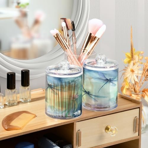 4 Pack Apothecary Jars Bathroom Watercolor Dragonflies Qtip Holder Dispenser Clear Plastic Storage Canister Jar with Lid for Cotton Ball, Cotton Swab