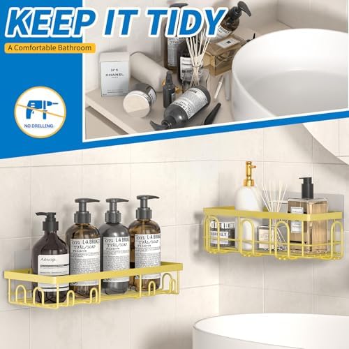 DTUQYX Shower Caddy 9 Pack,Adhesive Organizer for Bathroom Decor Accessories & Kitchen Storage,No Drilling,Large Capacity,Rustproof Stainless Steel Organizer,Home Decor Shelves (Yellow 9 Pack)
