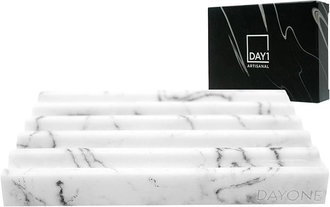 DAY1 Marble Soap Dish Tray – Bathroom Sink Soap Holder, Vanity Tray, Brush Organizer, Decorative Resin Dish for Kitchen, Countertop, Bathtub, Bar Soap, Sponges, Paint Brushes (White)