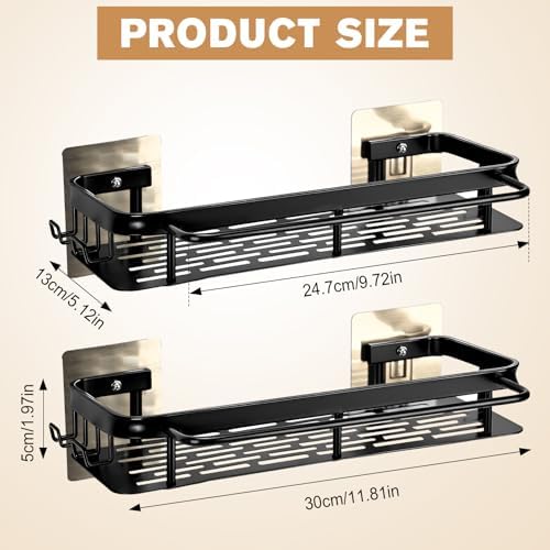 No-Drill Adhesive Shower Caddy, Black Aluminum Shelves 2-Pack