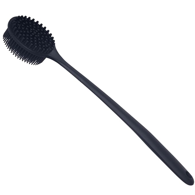 DNC Back Scrubber for Shower Soft Silicone Bath Body Brush with Long Handle (Black)