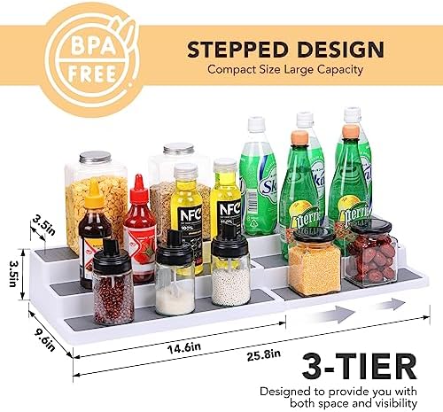 CiWiVOKi 3 Tier Expandable Spice Rack Organizer, Plastic Spice Rack, Adjustable Length 14.6In-25.8In, Non-Skid Tiered Spice Shelf Organizer for Kitchen Cabinet, Cupboard, Pantry, White/Grey