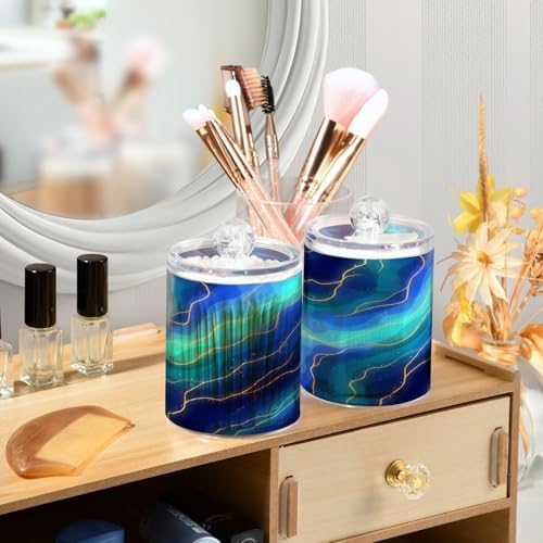 MNSRUU 4 Pack Qtip Holder Organizer Dispenser Blue Marble Bathroom Containers Bathroom Vanity Storage Canister Apothecary Jars for Cotton Swabs/Pads/Floss