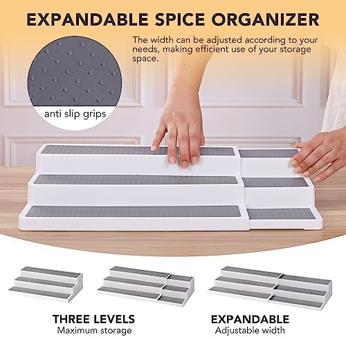 CiWiVOKi 3 Tier Expandable Spice Rack Organizer, Plastic Spice Rack, Adjustable Length 14.6In-25.8In, Non-Skid Tiered Spice Shelf Organizer for Kitchen Cabinet, Cupboard, Pantry, White/Grey