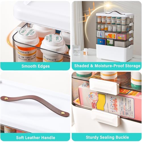 Homaigie Extra Tall 5-Tier Medicine Cabinet Organizer for Medicine Bottles Organizer, Portable Medicine Storage Box with Leather Handle, Empty First Aid Kit Container for Home, Classroom