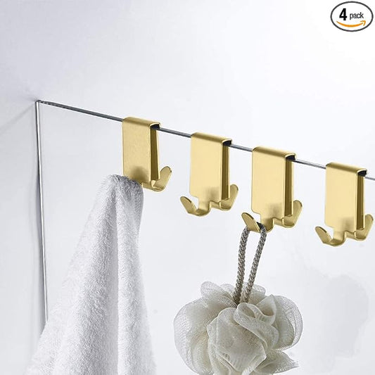 Double Hooks for Glass Shower Door, Towel Hooks Over The Bathroom Glass Wall 0.31-0.39in, Stainless Steel, Gold 4 Pack