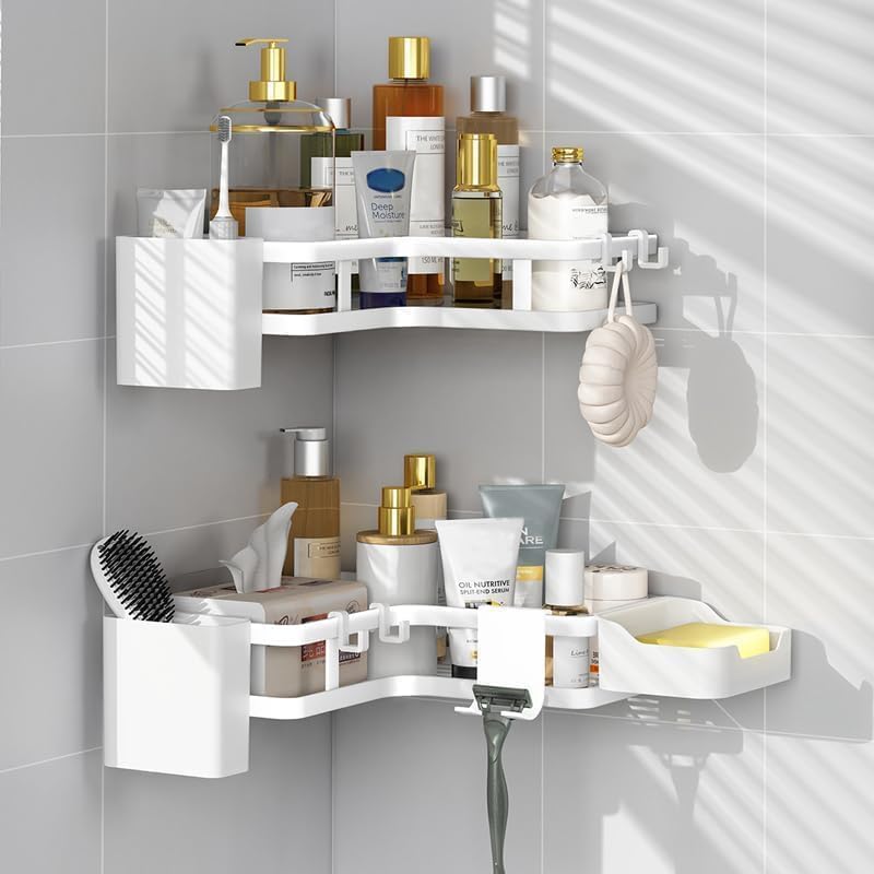 Shower Shelves Corner: Adhesive Shower Caddy with Soap Holder, Sturdy Rustproof Aluminum Bathroom Organizer Rangement Douche, Washroom Accessories Storage Holder, White