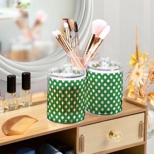 ALAZA Polka Dot Green White 4 Pack Qtip Holder Dispenser for Cotton Swabs, Balls, Pads, Floss 10 oz Plastic Canister Organizer