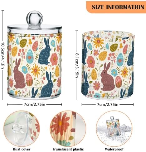 Easter Rabbits and Flowers Qtip Holder Dispenser Set of 2, Clear Apothecary Plastic Jars Bathroom Makeup Organizer for Cotton Ball, Cotton Swab, Cotton Round Pads, Floss 10 Oz