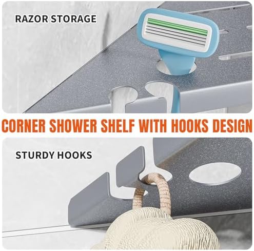Shower Corner Shelf Organizer Rack with Hooks & Razor Hole, 2Pack-Silver