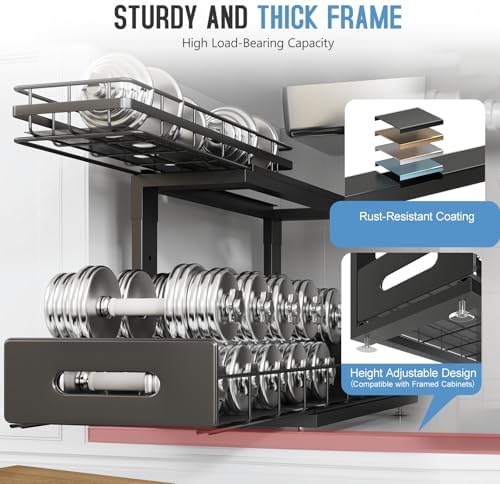 Under Sink Organizer Upgrade To Professional Rails,2-Tier Dual Pull Out Cabinet Storage,Height Adjustable Slide Out Drawers For Bathroom Kitchen,2 Pack-18.5"Dx12.8"-16.9"H,Black
